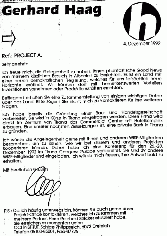 letter from Gerhard Haag - December 4, 1992